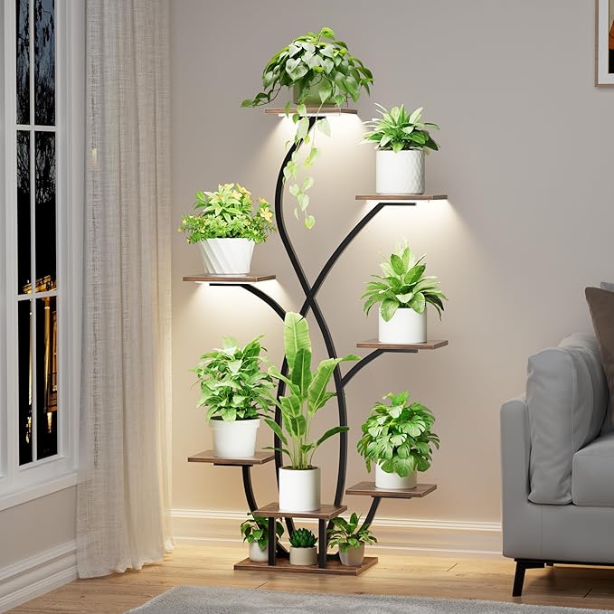 Plant Stand Indoor with Grow Light, 55'' Corner Plant Stands for Indoor Plants, 7 Tiered Indoor Plant Shelf, Flower-Shaped Plant Rack, Metal Display Shelves for Living Room Patio Balcony Decor Black