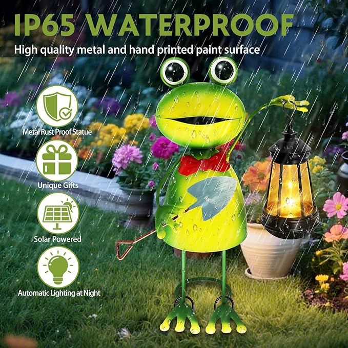 Solar Garden Lights Frog Statue,13.78in Tall Frog with Lantern Waterproof, Christmas Birthday Gifts for Women Mom Grandma, Big Metal Frog Stakes Decorative for Home Front Patio Balcony Yard Art Lawn