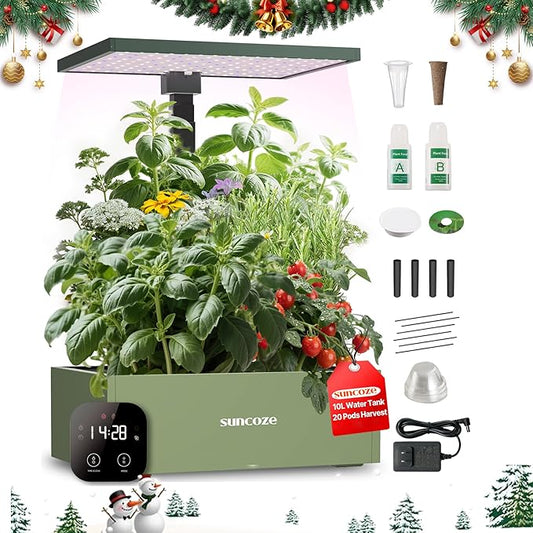 SUNCOZE 20 Pods Hydroponics Growing System Kit, Indoor Herb Garden with Grow Light 30W, 10L Large Water Tank with Adjustable Height to 25", Quiet Pump, Gardening Gifts, Green