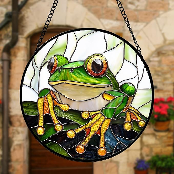 Stained Glass Window Hanging, Green Frog White Petals Sun Catchers Colorful Glass Panel Cute Suncatcher Decor for Birthday for Women, Men, Wife, Aunt, and Mom 11.8x11.8 in