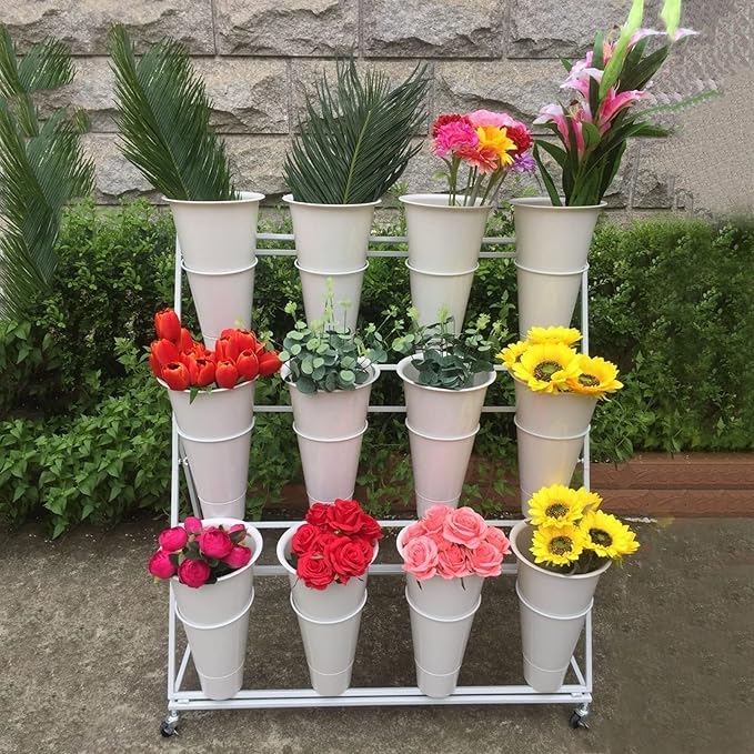 Flower Display Stand with 12pcs Plastic Buckets Iron Plant Stand with 4 Universal Wheel, 3-layers Metal Moving Florist Bouquet Shelf for Fresh Flower Shop (WHITE)