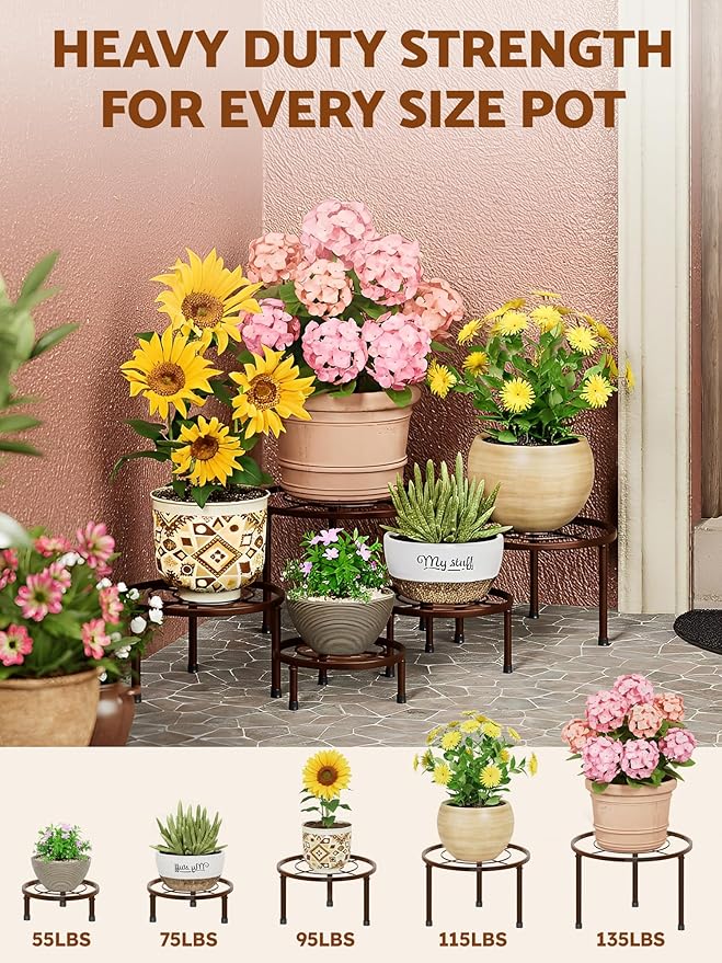 5 Pack Black Metal Potted Plant Stand for Indoor Outdoor, Heavy Duty Flower Pot Planter Holder, Rustproof Iron Garden Container Round Supports Rack for Planter Stand(BrownCircle)
