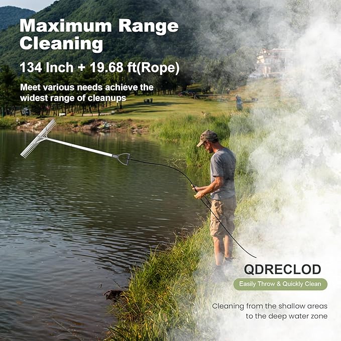 Landscape Rake, 36" Aluminum Heavy Duty Lake Weed Rake, Multifunctional Detachable Aquatic with 134'' Extension Handle & 20Ft Rope, for Weed Algae Removal Loosening Soil Lawn Garden Care