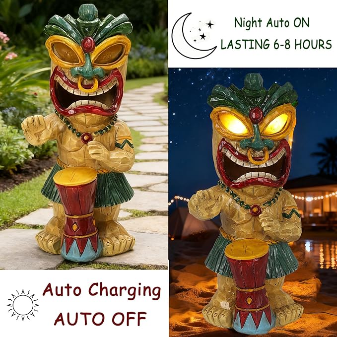 Solar Tiki Garden Statue with LED Eyes Outdoor Polynesian Drummer Hawaiian Party Decor Solar Light Ornament for Patio Porch Lawn Tiki Bar or Tiki Lover Funny Stocking Stuffers Gifts