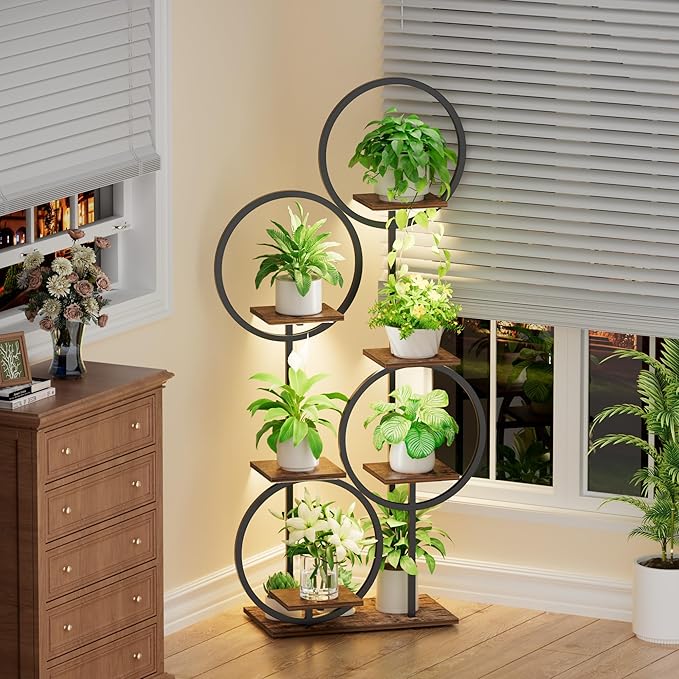 Plant Stand Indoor with Grow Lights - 6 Tiered 55" Round Corner Plant Stands for Indoor Plants, Plant Shelf with Grow Light, Multiple Metal Lighted Plant Stand for Balcony, Living Room, Patio