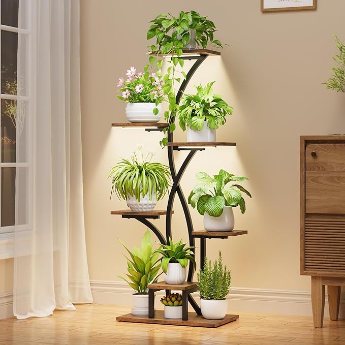Plant Stand Indoor with Grow Lights - 47" Corner Plant Stands for Indoor Plants, 7 Tiered Plant Shelf for Multiple Plants, Metal Flower Display Holder, Flower-Shaped Plant Rack for Living Room, Patio