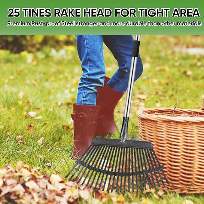 Rake Heavy Duty 6FT Long Garden Rake , 18.5 Inch Wide, 25 Metal Tines, Adjustable Stainless Steel Handle, Leaf Rakes for Leaves, Yards, Grass, Garbage, Weeds, Debris (Black)