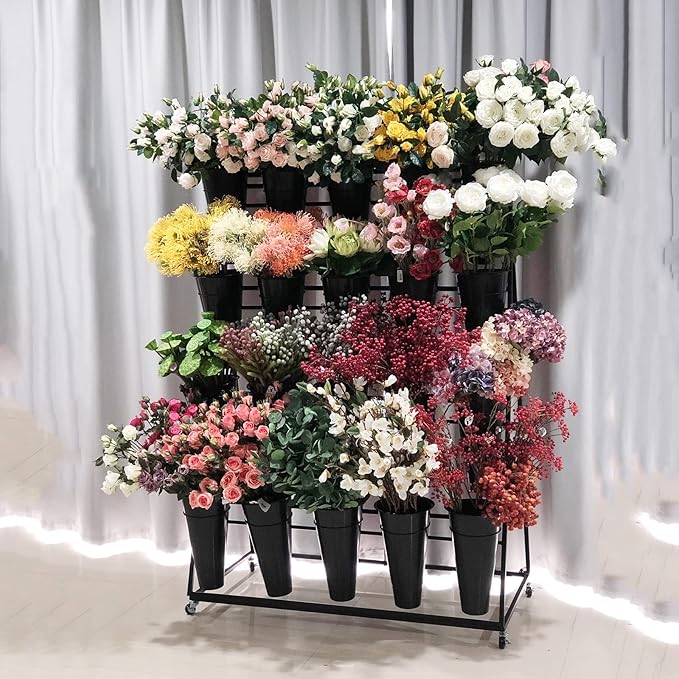 FPIGSHS Flower Display Stand, 3 Layers, Black, Metal, Iron, 150 lbs Capacity, 3 Tier, Wheels, Assembly Required
