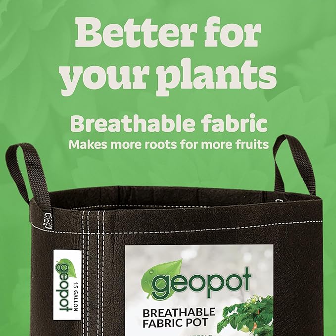 GeoPot 15 Gallon Fabric Grow Bags with Handles for Vegetables, Houseplants, Herbs & Flowers |5-Pack| Fabric Pots for Outdoors and Indoors, Aerated Fabric Grow Bags