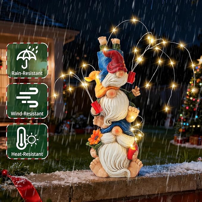 Christmas Gnomes Decorations for Yard, Triple Stacked with Firework Lights, Solar Garden Gnome Outdoor Decor Statue for Patio Lawn, Christmas Birthday Gift for Mom Grandma (11.5in)