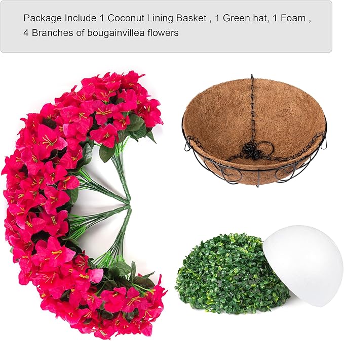 Artificial Fake Hanging Flowers Plants Basket for Outdoors Spring Summer Decoration, Faux Silk Bougainvillea Flowers in Planter UV Resistant Realistic for Outside Porch Patio Garden Yard Home, Hotpink