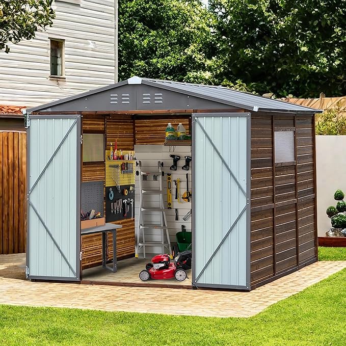 8x8 FT Outdoor Wood Storage Shed, Garden Tool Shed with Windows, Outside Storage Shed Waterproof for Backyard, Garden, Patio, 4 Vents (Without Floor) Wood Color