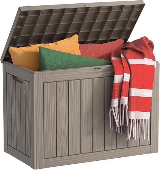 EasyUp 45 Gallon Outdoor Storage Box, Resin Waterproof UV-Resistant Deck Box, Reinforced Stability for Patio, Garden, and Poolside, Striped Gray