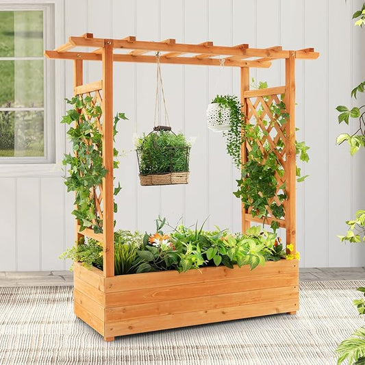 ORALNER Raised Garden Bed with Trellis, Wooden Planter Box with Climbing Frame, Outdoor Elevated Garden Box for Vegetables, Herbs, Flowers, Fruits (Small)