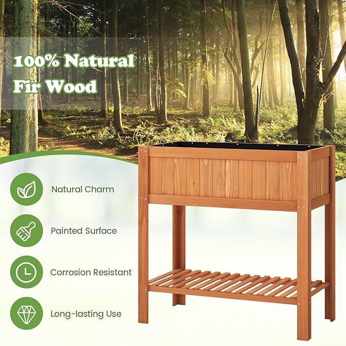2-Tier Elevated Garden Planter Bed, Fir Raised Garden Bed Outdoor with Legs & Storage Shelf for Vegetables, Flowers & Herbs, Wooden Planter Box Raised Bed for Gardening, Balcony & Porch