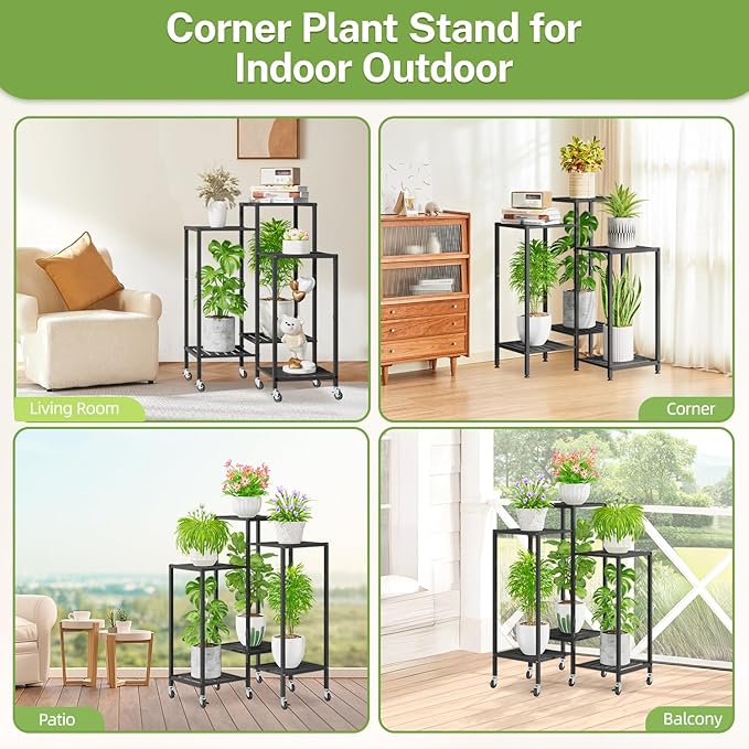 iDavosic.ly 6 Tier Plant Stand Indoor with Wheels, Metal Tiered Corner Flower Holder Shelf Outdoor for Large Pots, Tall Rolling Rack for Patio Porch Garden Balcony Living Room, Modern Black