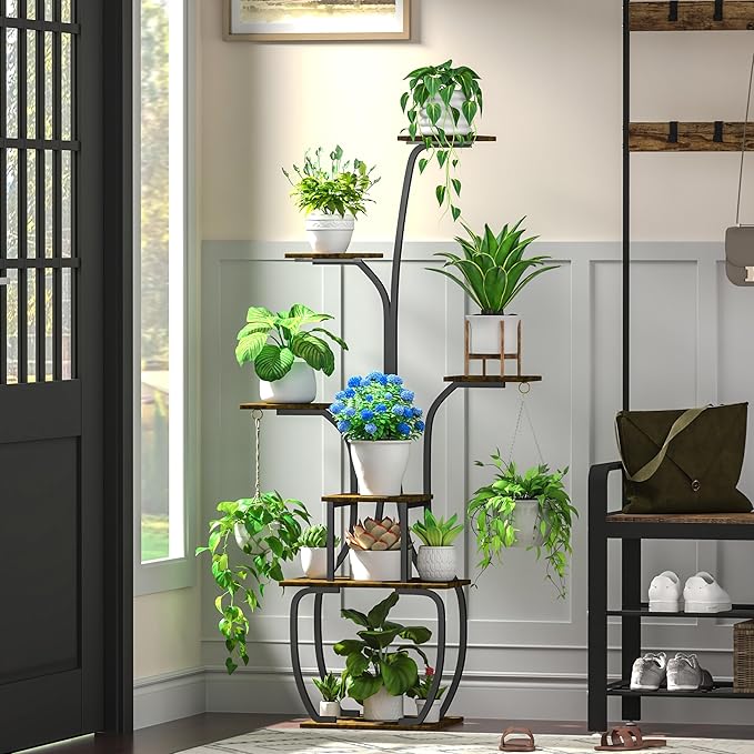 Plant Stand Indoor with Grow lights, 55" Tall 7 Tiered Large Plant Shelf for Indoor Plant Vase-Shape Rack Plant Pot Holder Gardening for Living Room Corner Black
