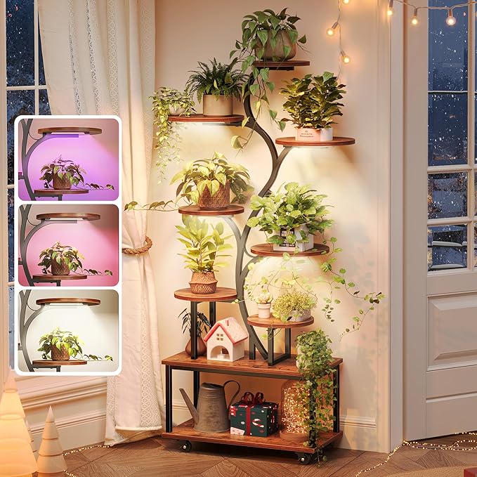 PRAISUN 63.6 Inch Plant Stand with Grow Lights, 9 Tiered Indoor Plant Shelf with Larger Flower Holder, Curved-tubed Design, 3 Light Modes, Movable Wheels, Corner Plant Rack,Living Room, Rustic Brown