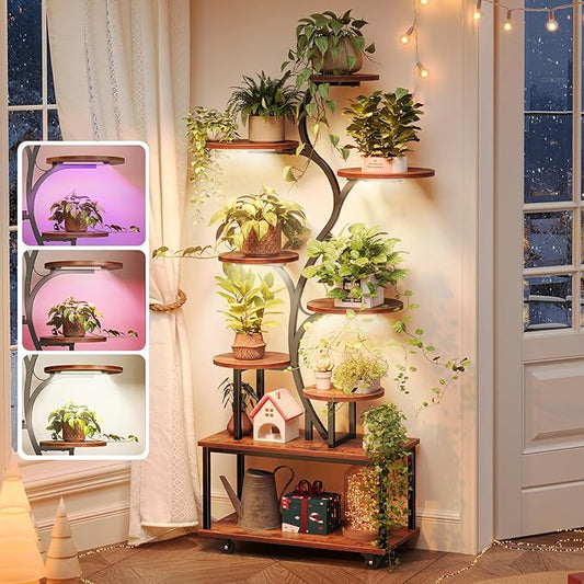 PRAISUN 63.6 Inch Plant Stand with Grow Lights, 9 Tiered Indoor Plant Shelf with Larger Flower Holder, Curved-tubed Design, 3 Light Modes, Movable Wheels, Corner Plant Rack,Living Room, Rustic Brown