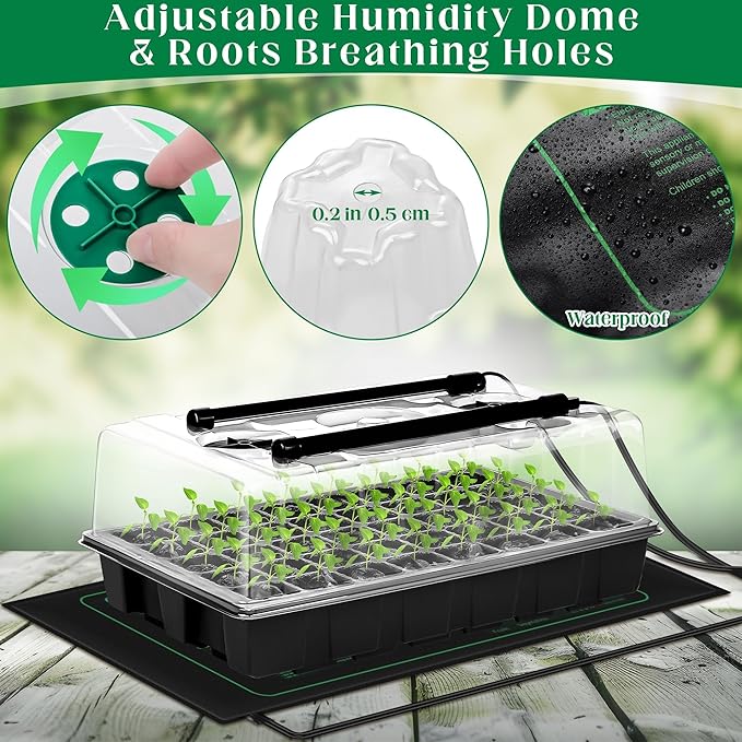 2 Set Seed Starter Kit 40-Cell Seed Starter Tray with Grow Light Full Spectrum Seedling Heat Mat 40 Peat Pellets Seed Starting Soil Plant Label Garden Tool for Germination Seeds Growing, Black