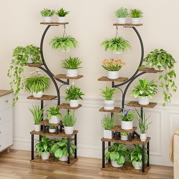 Plant Stand Indoor with Grow Light - 2 Pack Tall Indoor Plant Shelf, 62" Corner Plant Holder, 8 Tiered Large S-Shape Flower Multiple Display Shelf for Home, Office