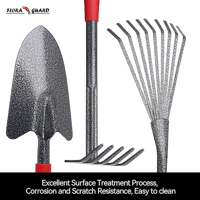 FLORA GUARD Garden Tool Set, 6-Piece Heavy Duty Gardening Hand Tools with Soft Rubber Handle, Includes Trowel, Rake, 2-in-1 Hoe & Crack Weeder, Durable Yard Tools, Christmas Garden Gift for Men Women