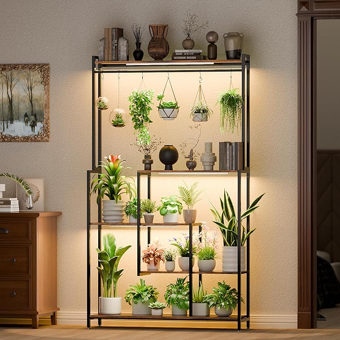 Large Plant Stand Indoor with Grow Light , 72" Tall Metal Plant Shelf, 5 Tiers 12 Pots Holder, Heavy-Duty Rectangle Display Rack for Living Room, Patio, Corner