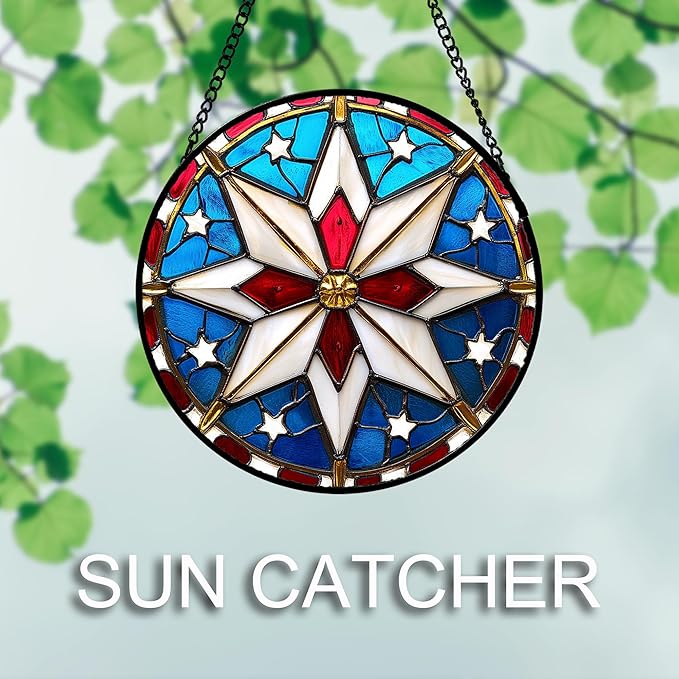 Stained Glass Window Hanging 4 Pcs Set Abstract Flowers in Red White Blue Large 15" - Suncatcher Door Garden Sun Catcher Decor Birthday Mother's Day Xmas Gift for Mom Woman Nana Men Parents