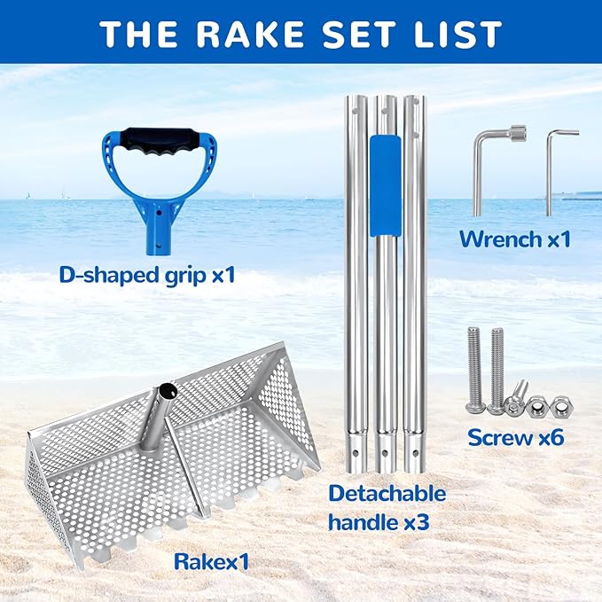 Beach Sand Sifter, 304 Stainless Steel, Detachable 60 Inches Long Handle, 16'' Basket with Sharp Teeth. Includes D-Handle Grip, Small Shovels, Sifter and Bucket