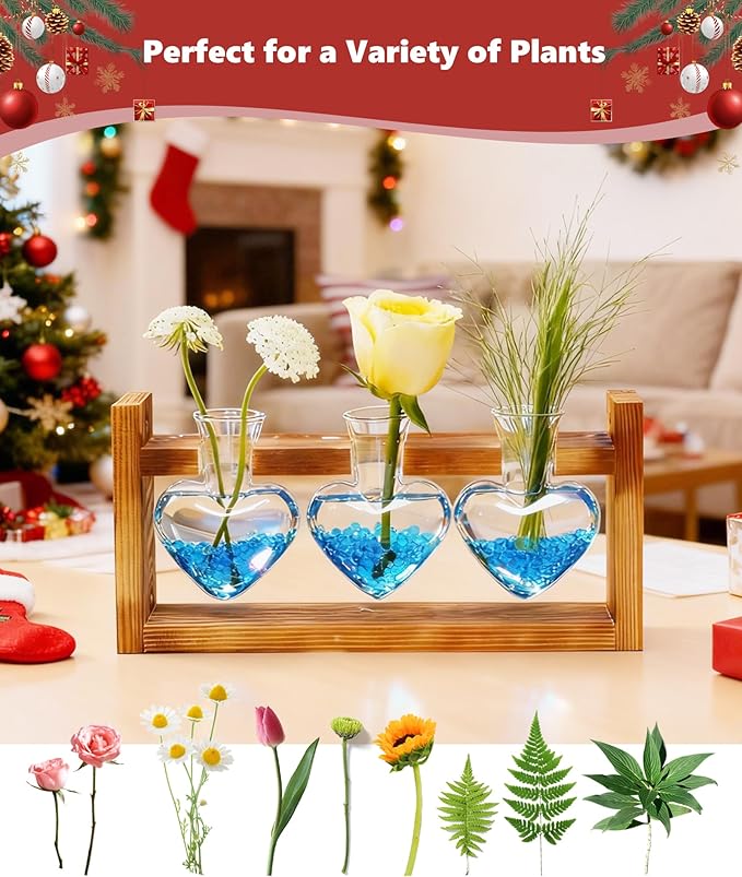 Nacome Plant Terrarium Propagation Stations: Christmas Gifts for Plant Lovers Women Mom Wife - Wooden Stand Tabletop Planter 3 Bulb Glass Vase Heart Shaped for Hydroponics Indoor Home Office Decor