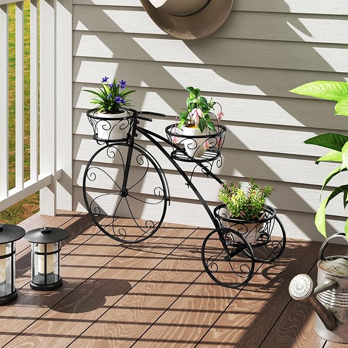 Tricycle Plant Stand, 3-Tier Metal Plant Stand Bicycle Flower Pot Cart with Hollowed Baskets, Planter Potted Holder for Patio, Garden, Deck, Lawn (Black)