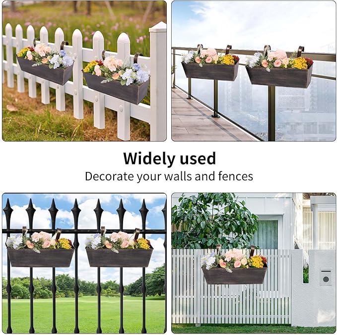 Hanging Planters for Outdoor Plants 16 Inch Railing Planter Box for Balcony Deck Window Metal Rectangular Fence Flower Pots with Drainage Holes for Patio Porch Outside Garden Decor(3 Pack)