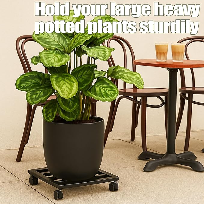 2 Packs 12 inches Large Metal Plant Caddy with PU Wheels Square Planter Dolly Pot Mover Rollers Wrought Iron Rolling Plant Stands Indoor Outdoor Plant Holder Coaster Trolley, Black