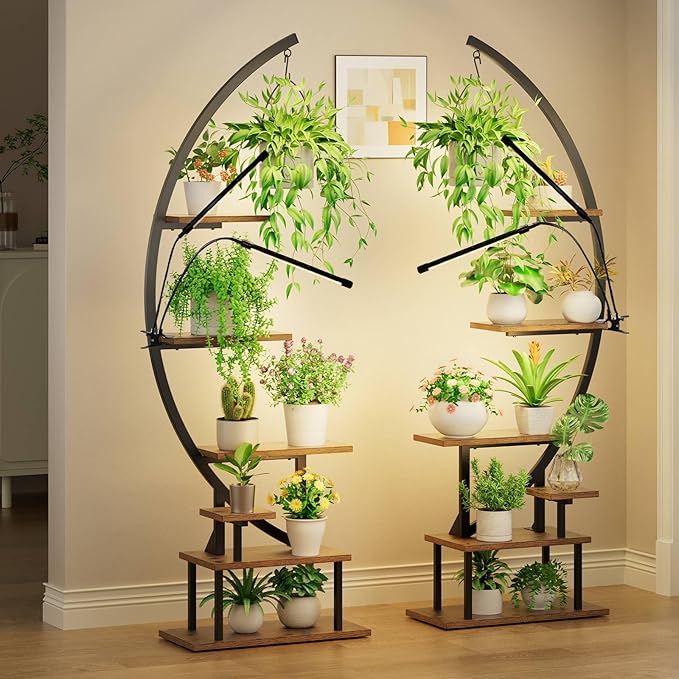 GREENSTELL Plant Stand Indoor with Grow Light, 7-Tiered Tall Metal Plant Stand for Indoor Plants, Half-Moon Shape Display Shelf for Living Room, Balcony, Patio, Black (2 Pack)