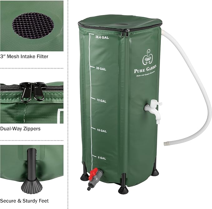 Rain Barrel - 26.4-Gallon/100-Liter Collapsible Water Container for Catching Rainwater - Portable Water Tank with Spigot by Pure Garden (Green