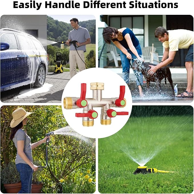 Hose Splitter 4 Way, High Flow Garden Hose Splitter, 3/4” Ght Inlet Brass Heavy Duty Hose Converter, Full Flow water 4 Way Faucet hose splitter, Long Handle Hose Valve Large Outlet.