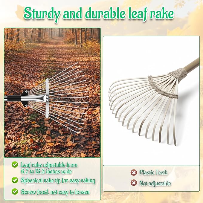Leaf Rake for Lawns with 70 Gallon Large Foldable Leaf Bags, Heavy Duty Metal Garden Yard Rake Long Handle Garden Gloves for Gardening Outdoor Camping Shrub Grass Bush