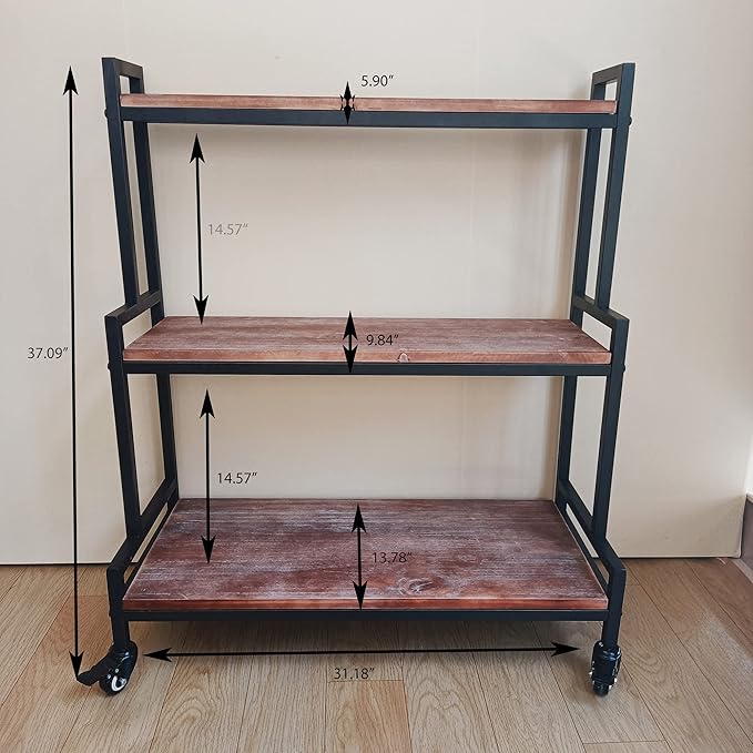 Rustic Plant Stand with Wheels 37“ H, Rolling Plant Shelves Rack Indoor Outdoor,Metal Plant Stand with Solid Wood for Multiple Plants,Industrial Ladder Plant Flower Shelf for Garden,Living Room,Brown