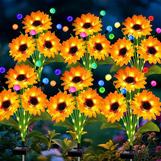 Solar Garden Lights-6 Pack Solar Sunflowers with Multicolor Changing Swaying Firefly Lights, Birthday for Mom Women,Waterproof Firefly Sunflower Light for Outdoor Patio Yard Decor