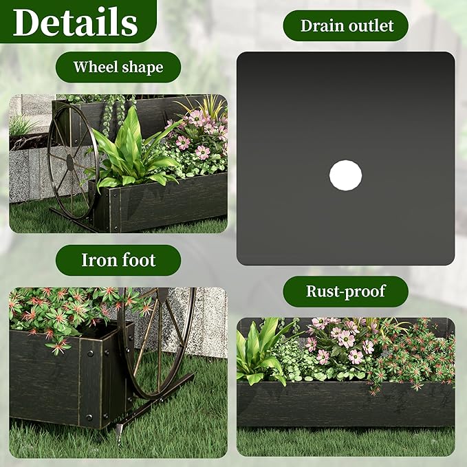 Metal Wagon Planter Box, 2-Tier Garden Planter with Wagon Wheels, Decorative Outdoor Planters for Flowers Herbs Vegetables, Flower Cart Small Raised Garden Bed for Patio, Balcony (Retro Gold)