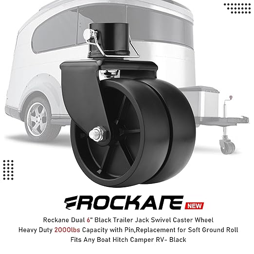 Rockane Dual 6'' Black Trailer Jack Swivel Caster Wheel Replacement, Heavy Duty 2000lbs Capacity with Pin for Soft Ground Roll, Fits Any Boat Hitch Camper RV- Black