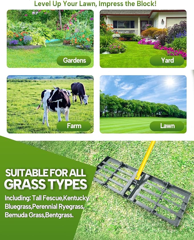 Joyhalo Lawn Leveling Rake, 48 Inch Yard Lawn Leveling for Soil with 78" Adjustable Steel Handle, Heavy Duty Effort Saving Landscape Lawn Leveler for Yard Garden Golf Course Soil Sand Dirt Grass