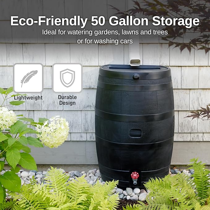 RTS Home Accents 50-Gallon ECO Rain Barrel Made with 100% Recycled Plastic, Flat Back Rain Water Collection Barrel, Black