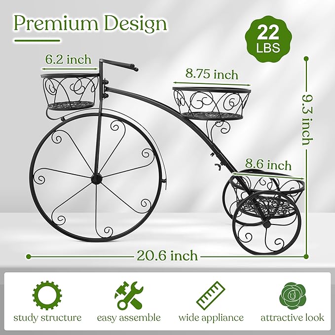 Sorbus Tricycle Plant Stand - Flower Pot Cart Holder - Ideal for Home, Garden, Patio - Great Gift for Plant Lovers, Housewarming, Mother’s Day - Parisian Style (Black)