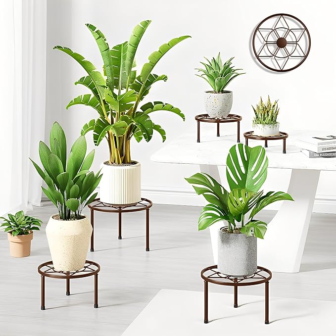 5 Pack Metal Plant Stand Outdoor Indoor,Heavy Duty Flower Pot Stand Holder for Multiple Plants,Rustproof Iron Round Shelf for Planter,Potted Plant Holder for Patio(BrownDiamond)