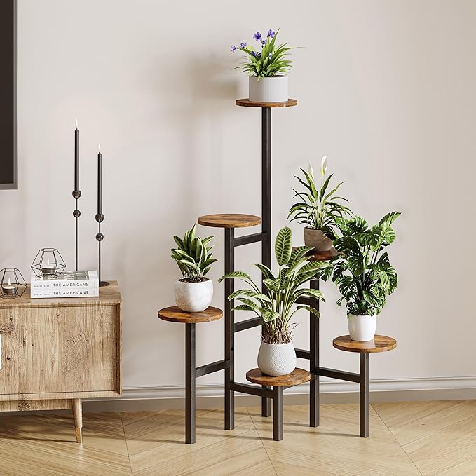 6 Tier Corner Plant Stand Indoor Outdoor, Tall Large Plant Shelf for Multiple Plants, Tiered Flower Pot Holder, Metal Display Plant Shelves for Living Room, Balcony, Patio, Garden(Rustic Brown)GPS514R
