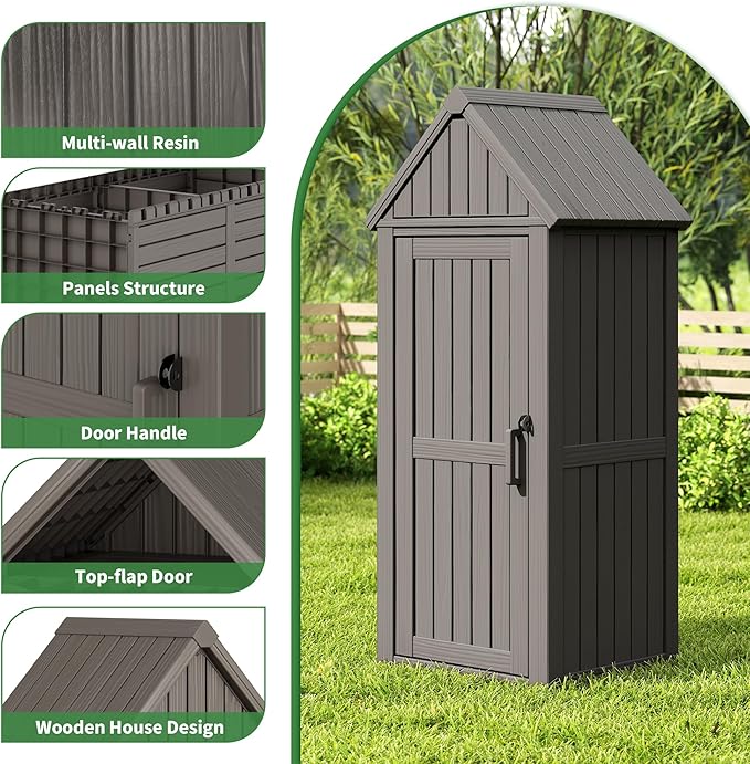 Outdoor Storage Shed with Door & Shelf, Large Capacity Weatherproof Garden Tool Cabinet with Multiple Hooks for Backyard, Patio, Lawn（Gray
