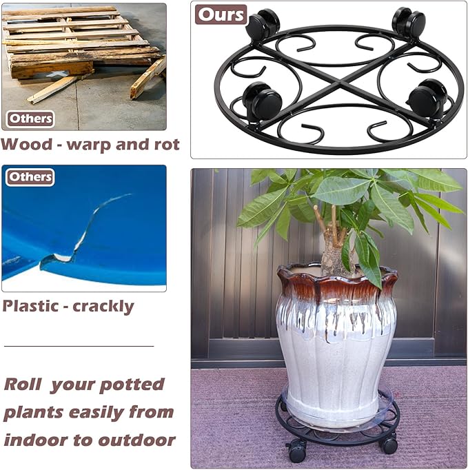 3 Packs 12" Metal Plant Caddy with Wheels Large Rolling Plant Stands Indoor Wheeled Plant Dolly Heavy-duty Pot Mover Roller Base Outdoor Plant Trolley Cart with Casters Water-proof Dust-proof, Black
