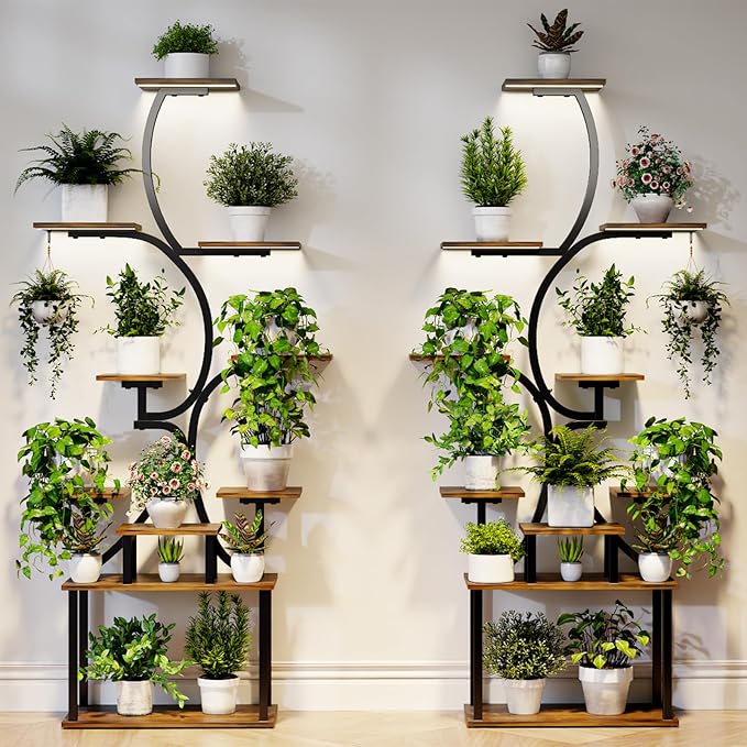 Plant Stand Indoor with Grow Lights - 9-Tier Curved Plant Stand, Tall Metal and Wood Indoor Plant Shelf with Unique Arched Design, Multi-Tier Flower Pot Holder Rack with Waterproof Finish, 63" Tall for Living Room, Balcony, and Garden