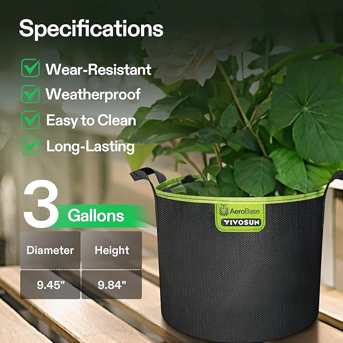 VIVOSUN 3-Pack 3-Gallon AeroBase Grow Bags, Durable Mesh Fabric Plant Container with Breathable Base and Sturdy Handles, Black